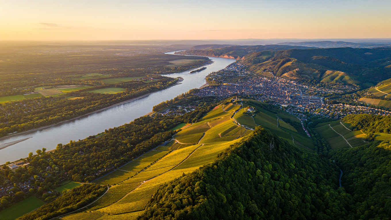 Weites Panorama der deutschen Landschaft mit Fluss und Wäldern